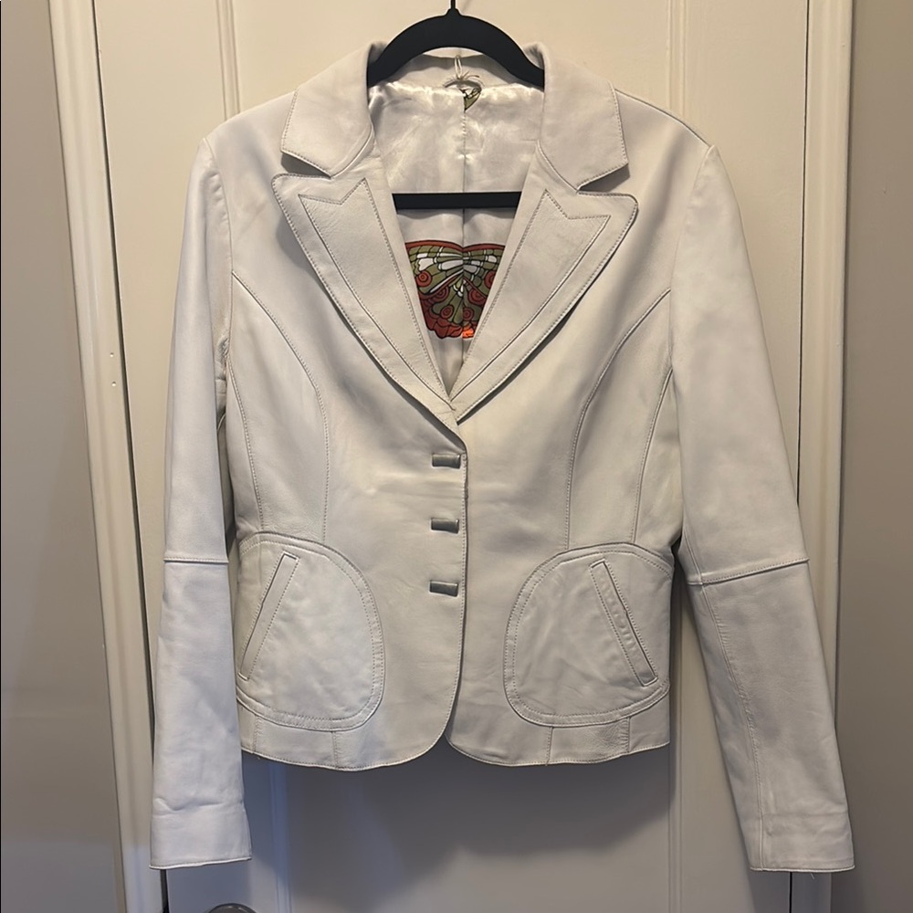 Women's White Leather Blazer Jacket vintage 1973 Italy - size XS-S * read detail